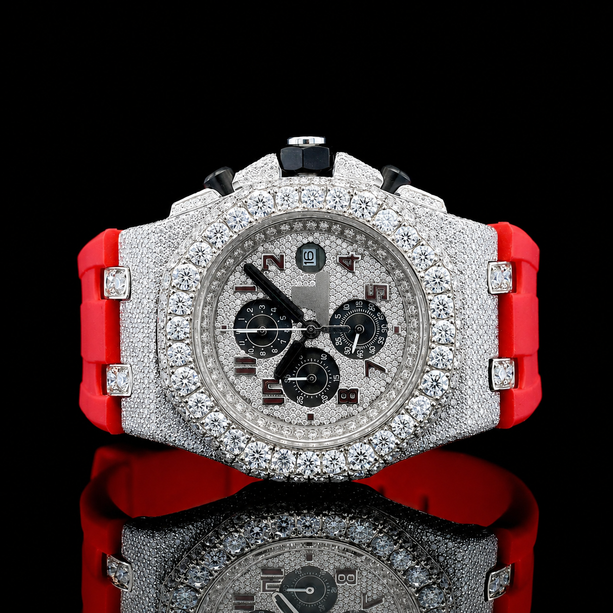 Red Rubber Strap Two-Tone Iced Out Dial Moissanite Watch - White gold