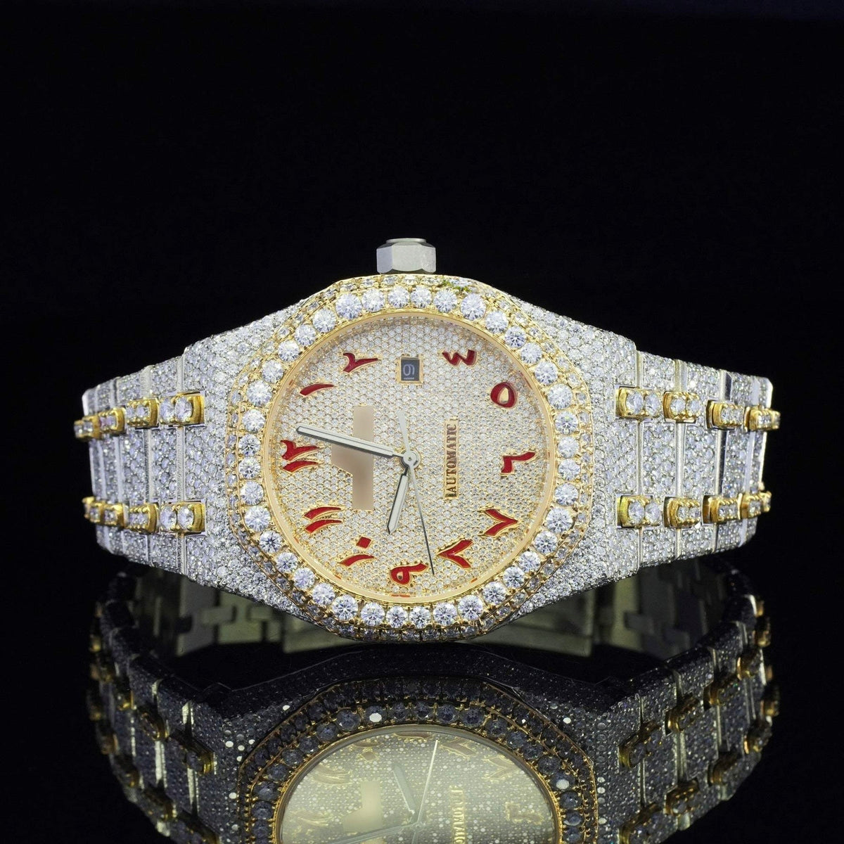 Fully Iced Out Classic Moissanite Automatic Movement Two Tone Watch