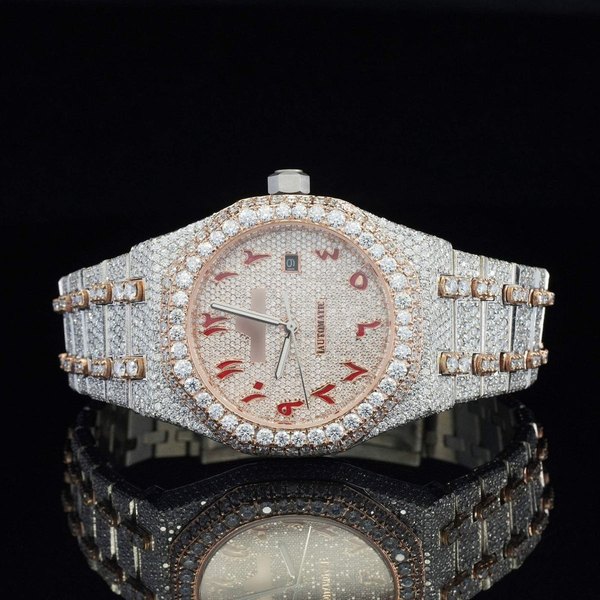 Fully Iced Out Classic Moissanite Automatic Movement Two Tone Watch
