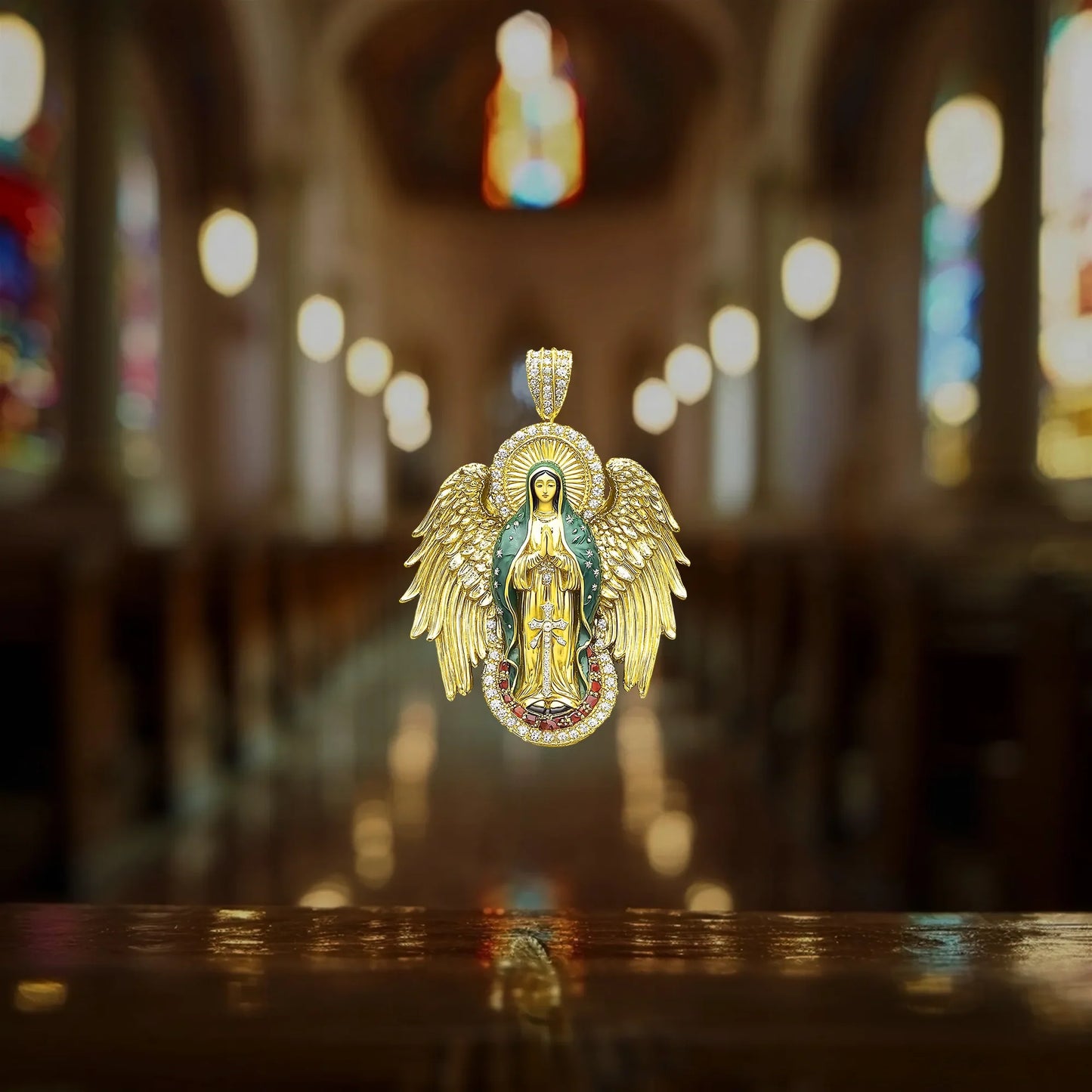 Luxury Blessed Mary Halo Winged Moissanite Pendant