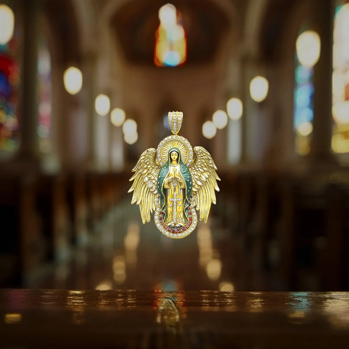 Luxury Blessed Mary Halo Winged Moissanite Pendant