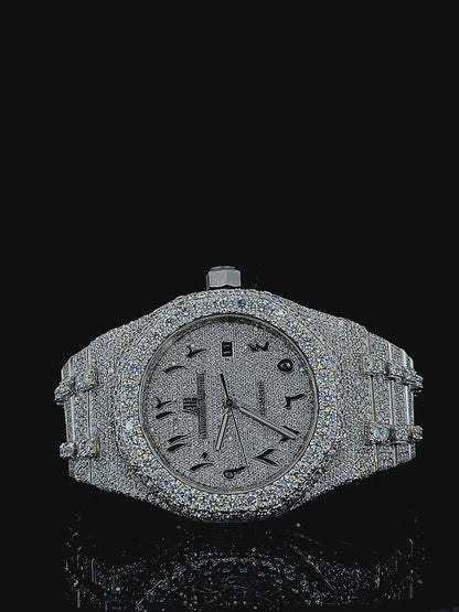 Full Iced Out Black Arabic Numerals White Dial Moissanite Diamond Watch