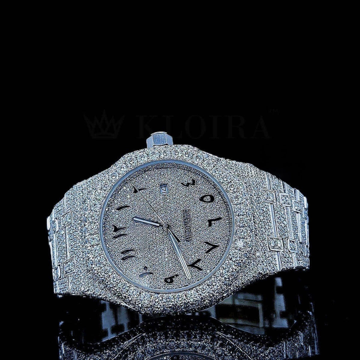 Full Iced Out Black Arabic Numerals White Dial Moissanite Diamond Watch