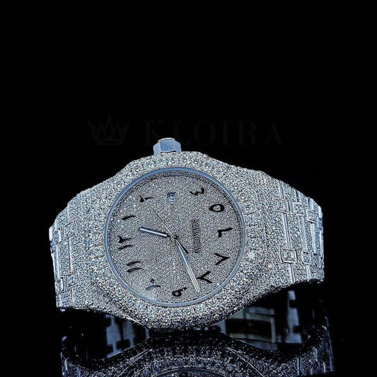 Full Iced Out Black Arabic Numerals White Dial Moissanite Diamond Watch