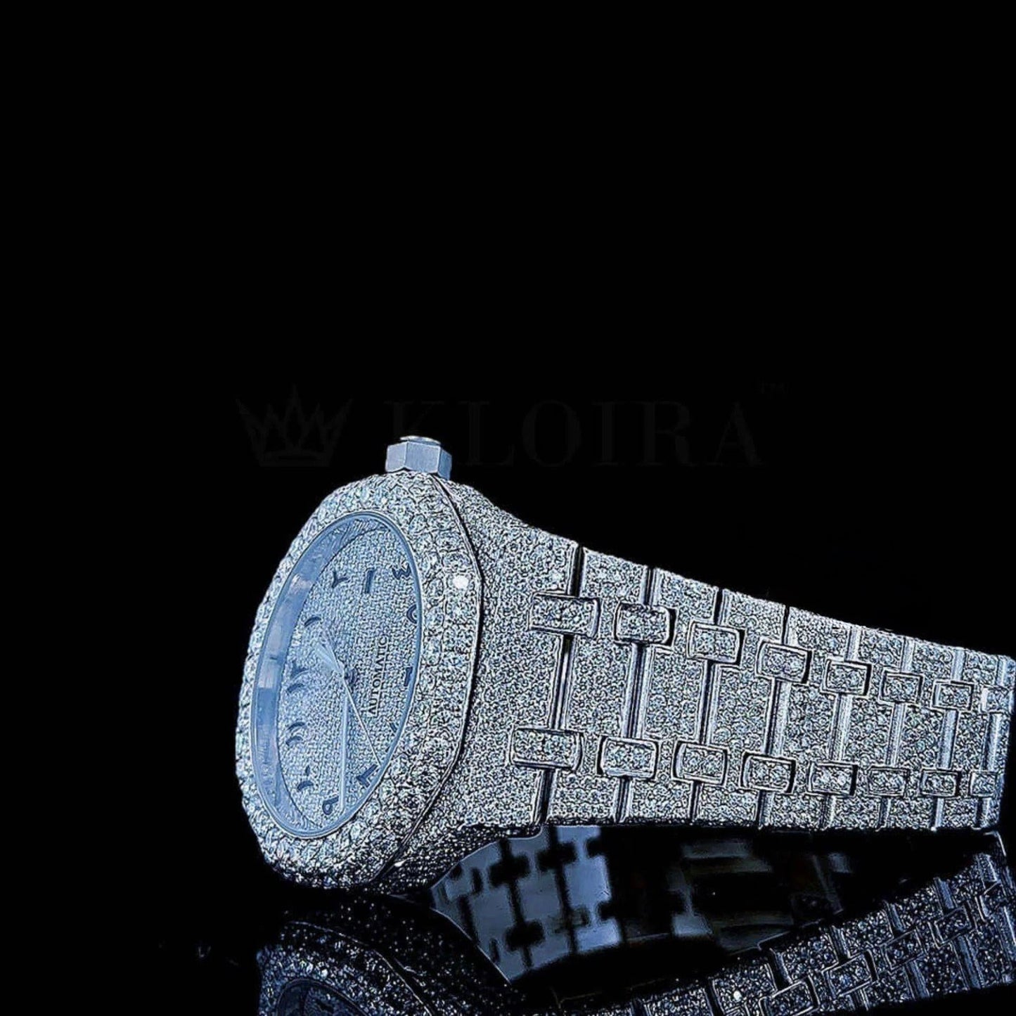 Full Iced Out Black Arabic Numerals White Dial Moissanite Diamond Watch