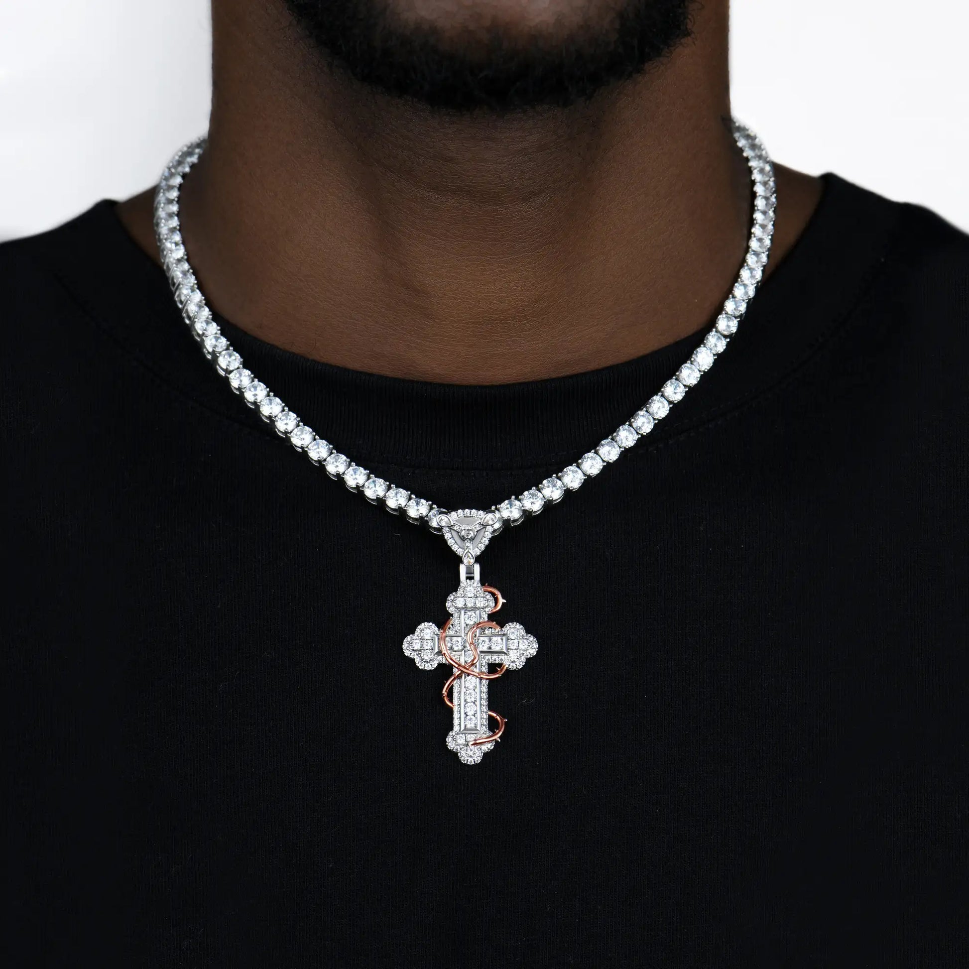 Iced Thorned Blossom Cross Moissanite Pendant – Small