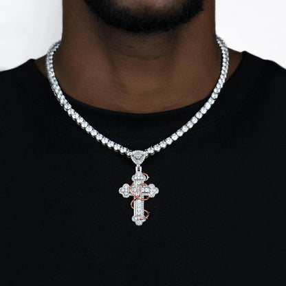 Iced Thorned Blossom Cross Moissanite Pendant – Small