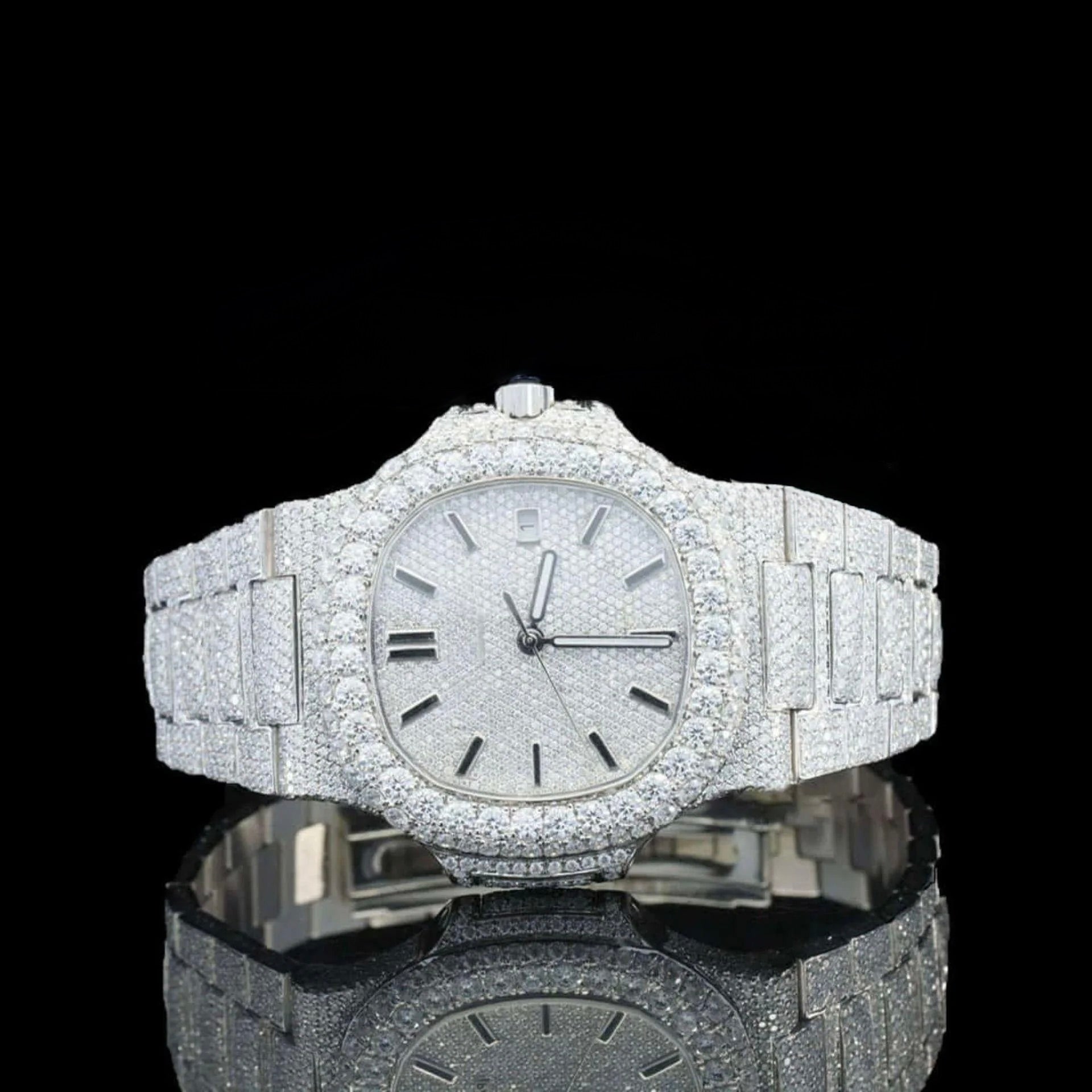 Stick Markers White Dial Fully Iced Out Moissanite Watch