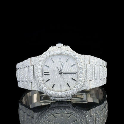 Stick Markers White Dial Fully Iced Out Moissanite Watch
