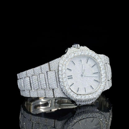 Stick Markers White Dial Fully Iced Out Moissanite Watch