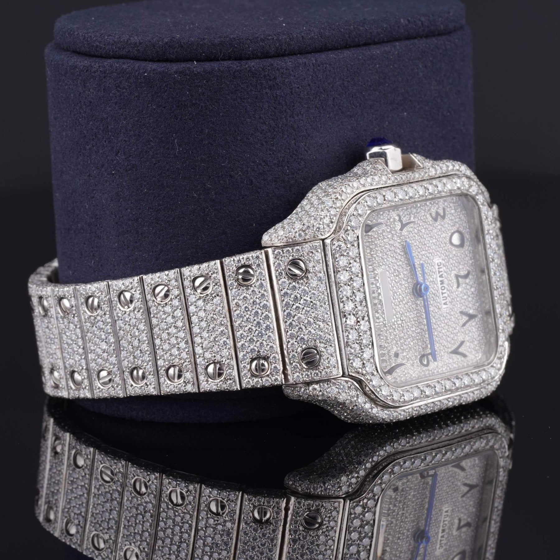 Moissanite Diamond Black Arabic Numerals Bust Down White Dial Watch
