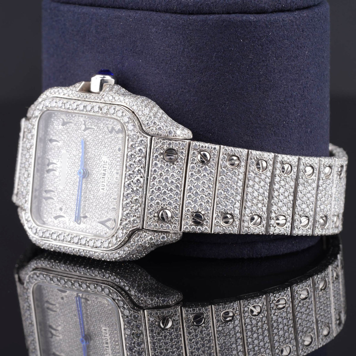 Moissanite Diamond Black Arabic Numerals Bust Down White Dial Watch