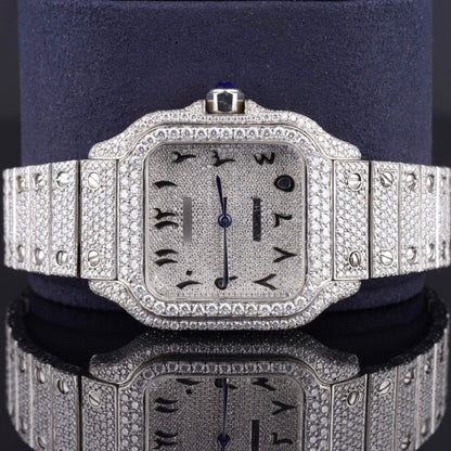 Moissanite Diamond Black Arabic Numerals Bust Down White Dial Watch