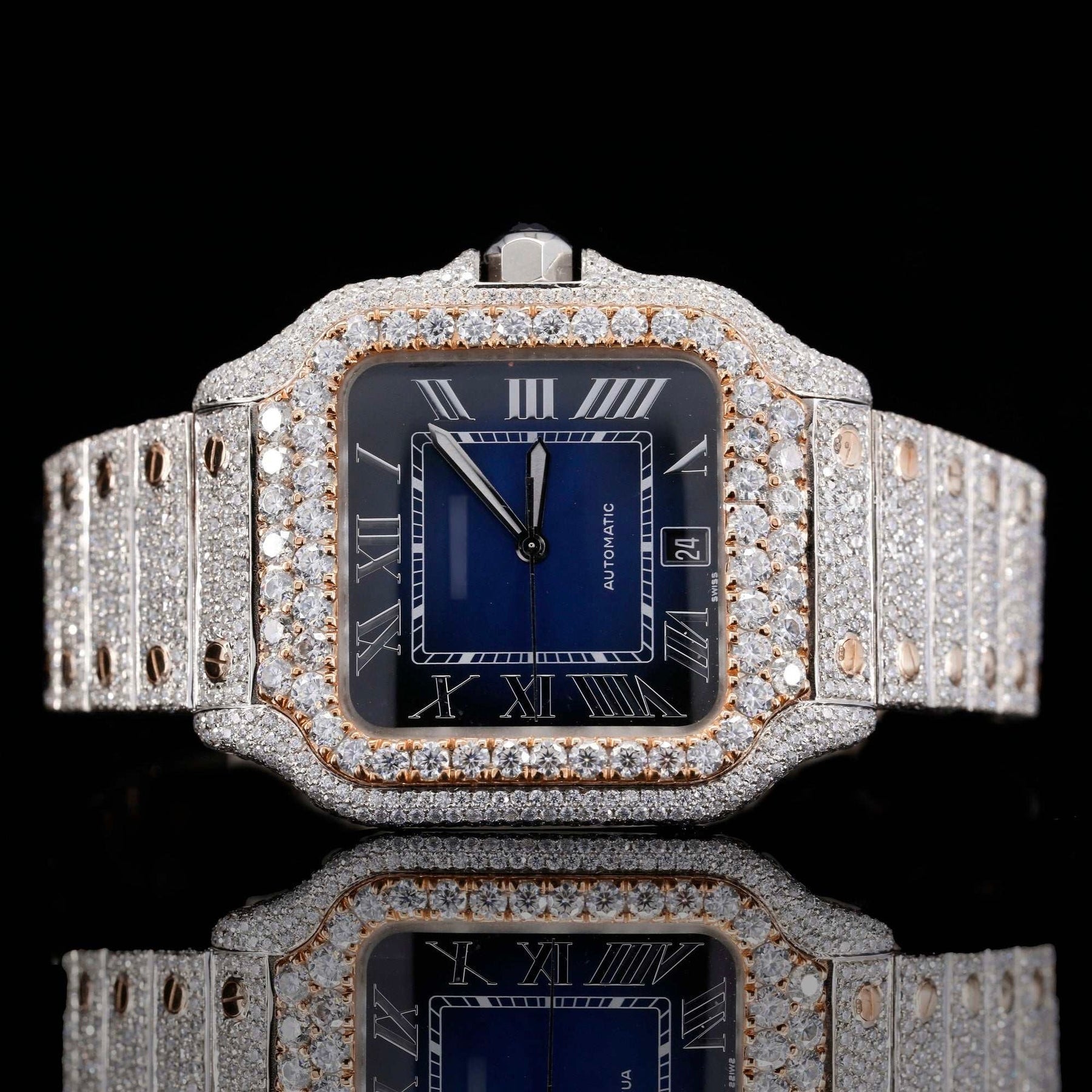 Two Tone Roman Numerals Blue Dial Moissanite Diamond Watch