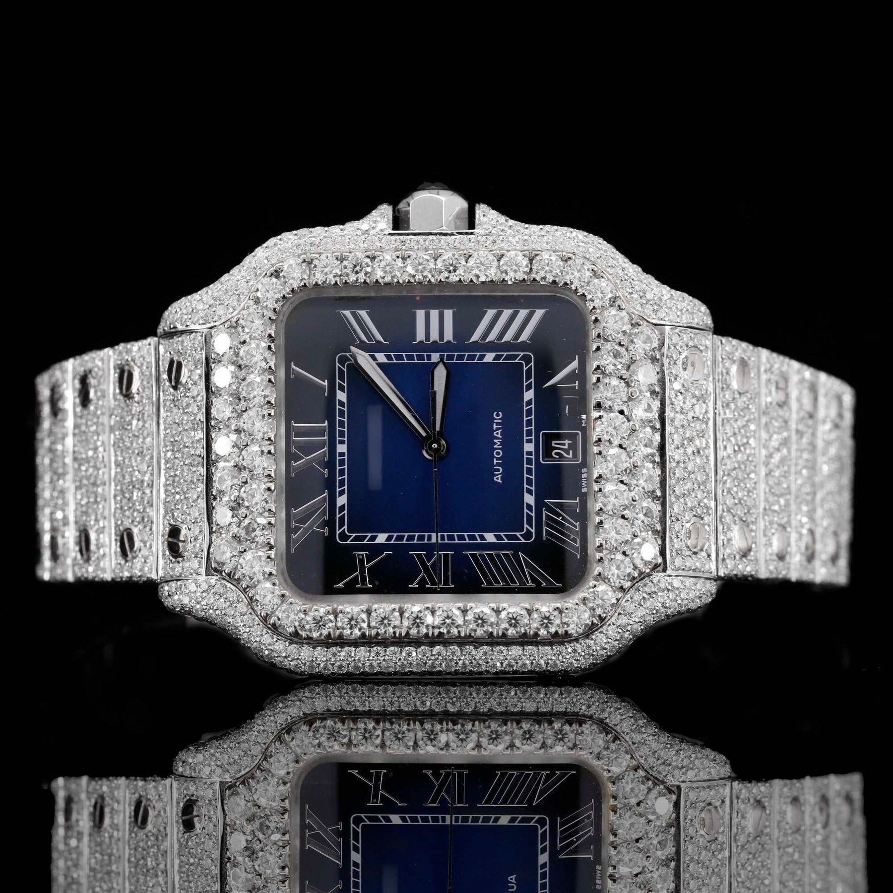 Two Tone Roman Numerals Blue Dial Moissanite Diamond Watch