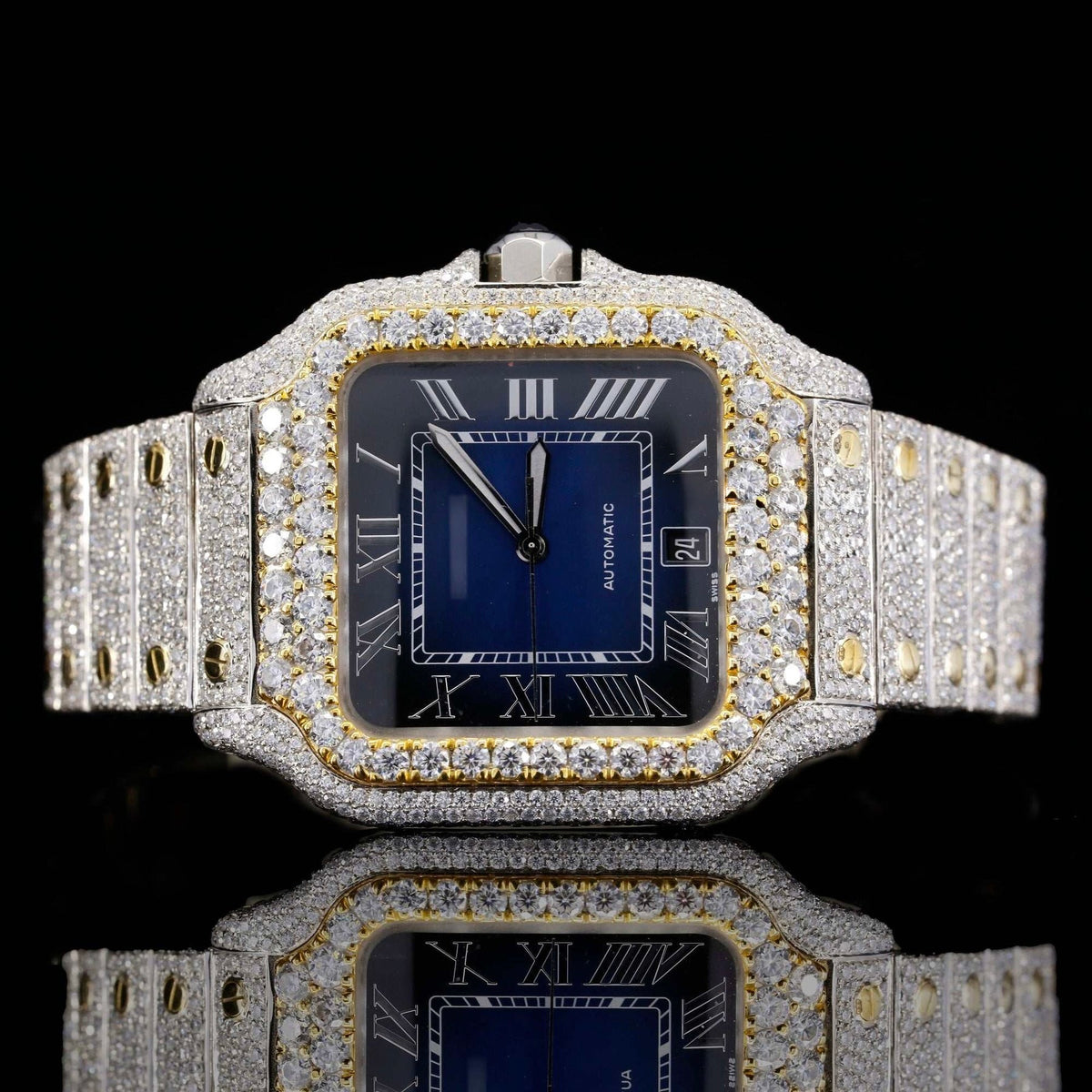 Two Tone Roman Numerals Blue Dial Moissanite Diamond Watch