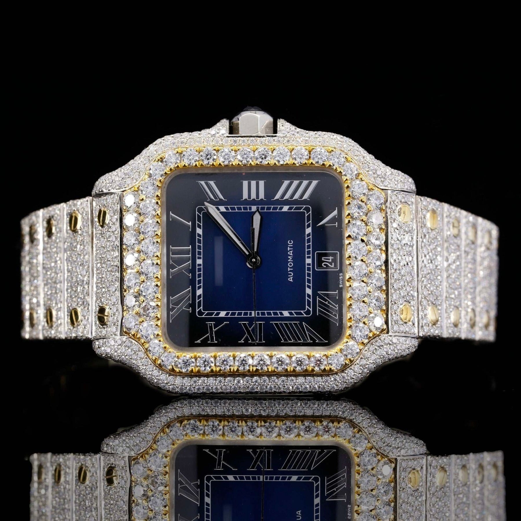 Two Tone Roman Numerals Blue Dial Moissanite Diamond Watch