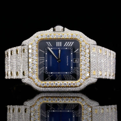 Two Tone Roman Numerals Blue Dial Moissanite Diamond Watch