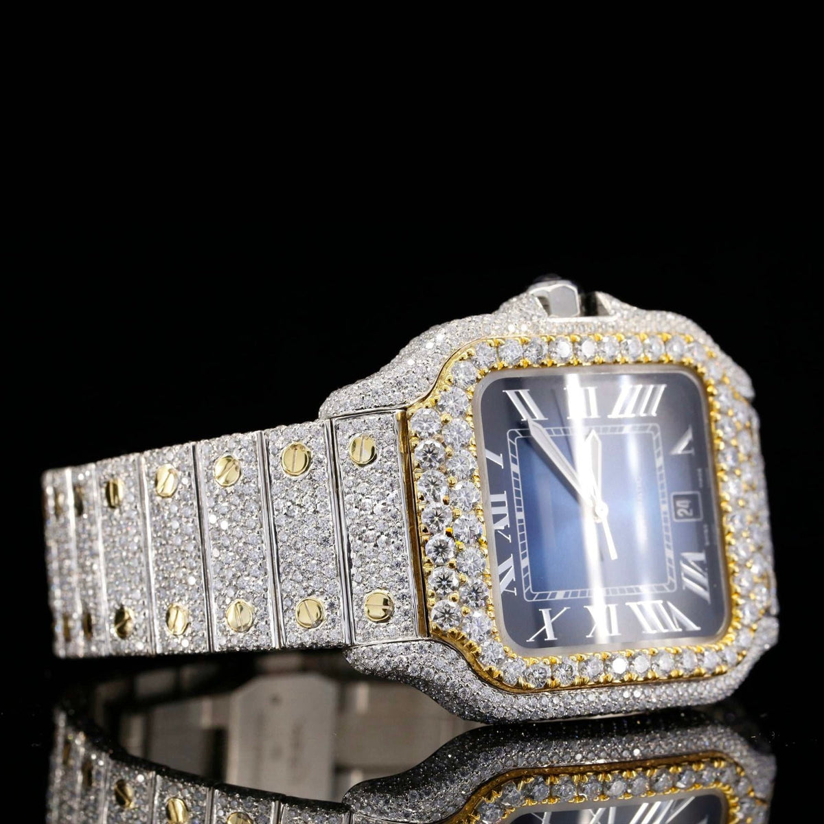 Two Tone Roman Numerals Blue Dial Moissanite Diamond Watch