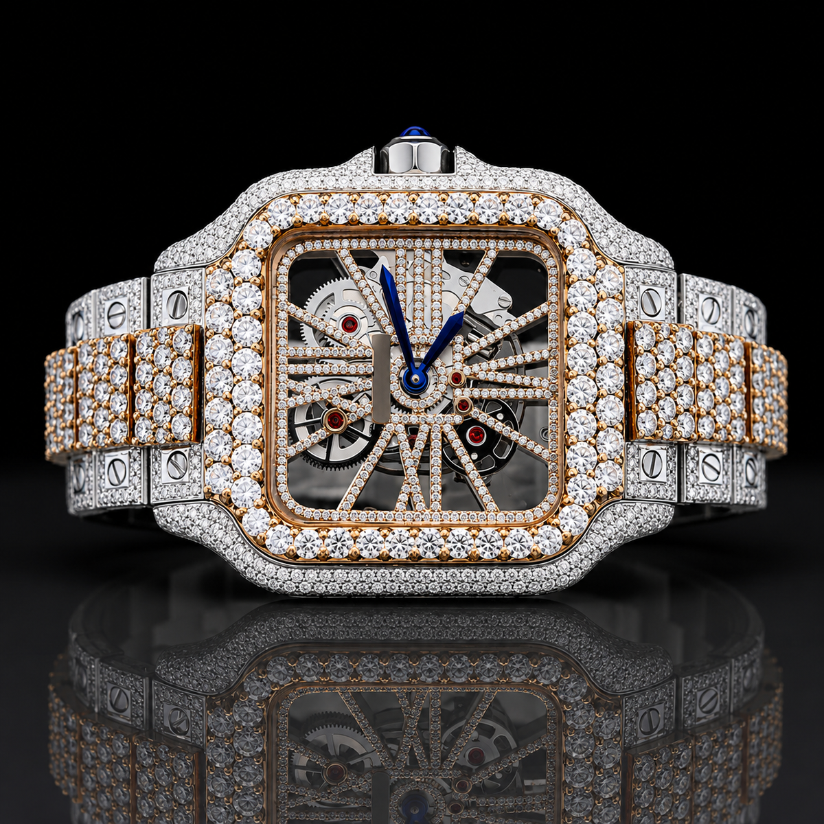 Luxurious two-tone Moissanite Skeleton Watch For Men - Rose gold