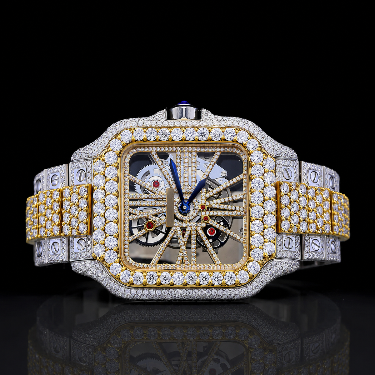 Luxurious two-tone Moissanite Skeleton Watch For Men - Yellow Gold
