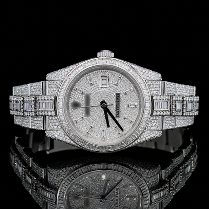 Luxurious two-tone moissanite watch with Baguette stick markers - White gold