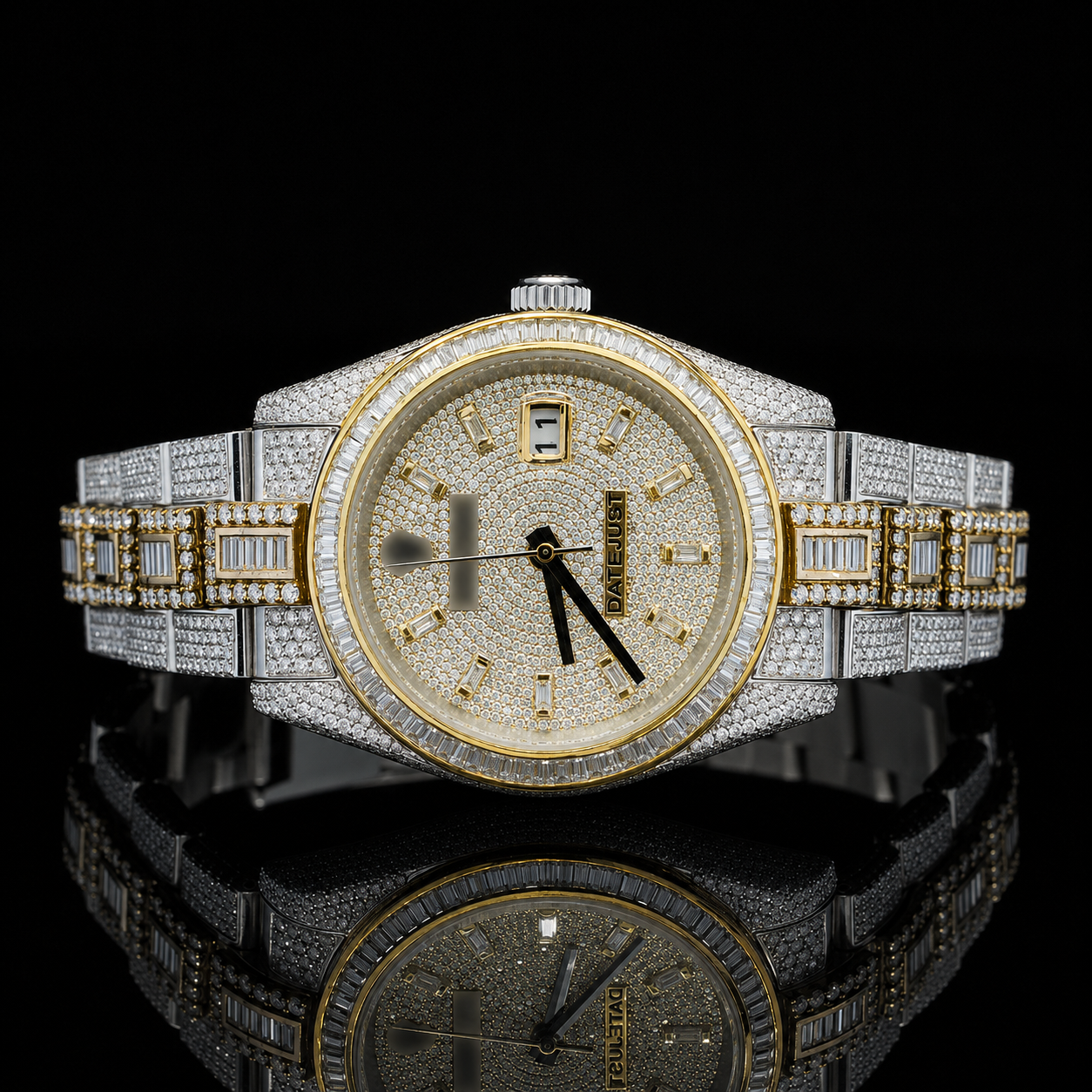 Luxurious two-tone moissanite watch with Baguette stick markers - Yellow gold