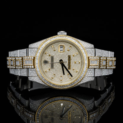Luxurious two-tone moissanite watch with Baguette stick markers - Yellow gold