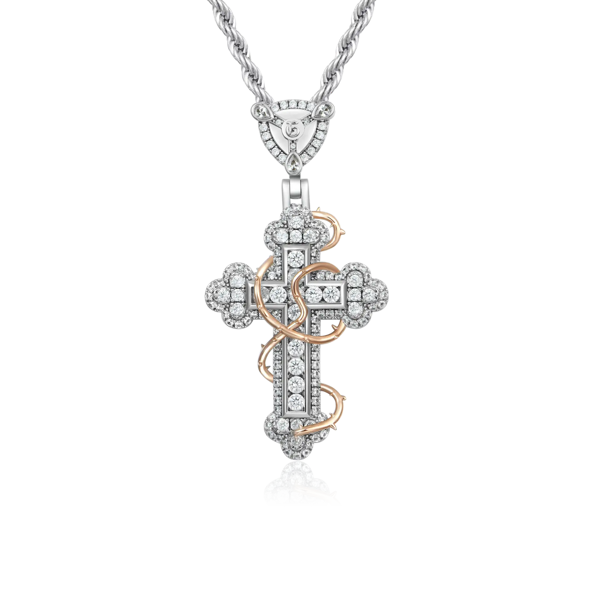 Iced Thorned Blossom Cross Moissanite Pendant – Small