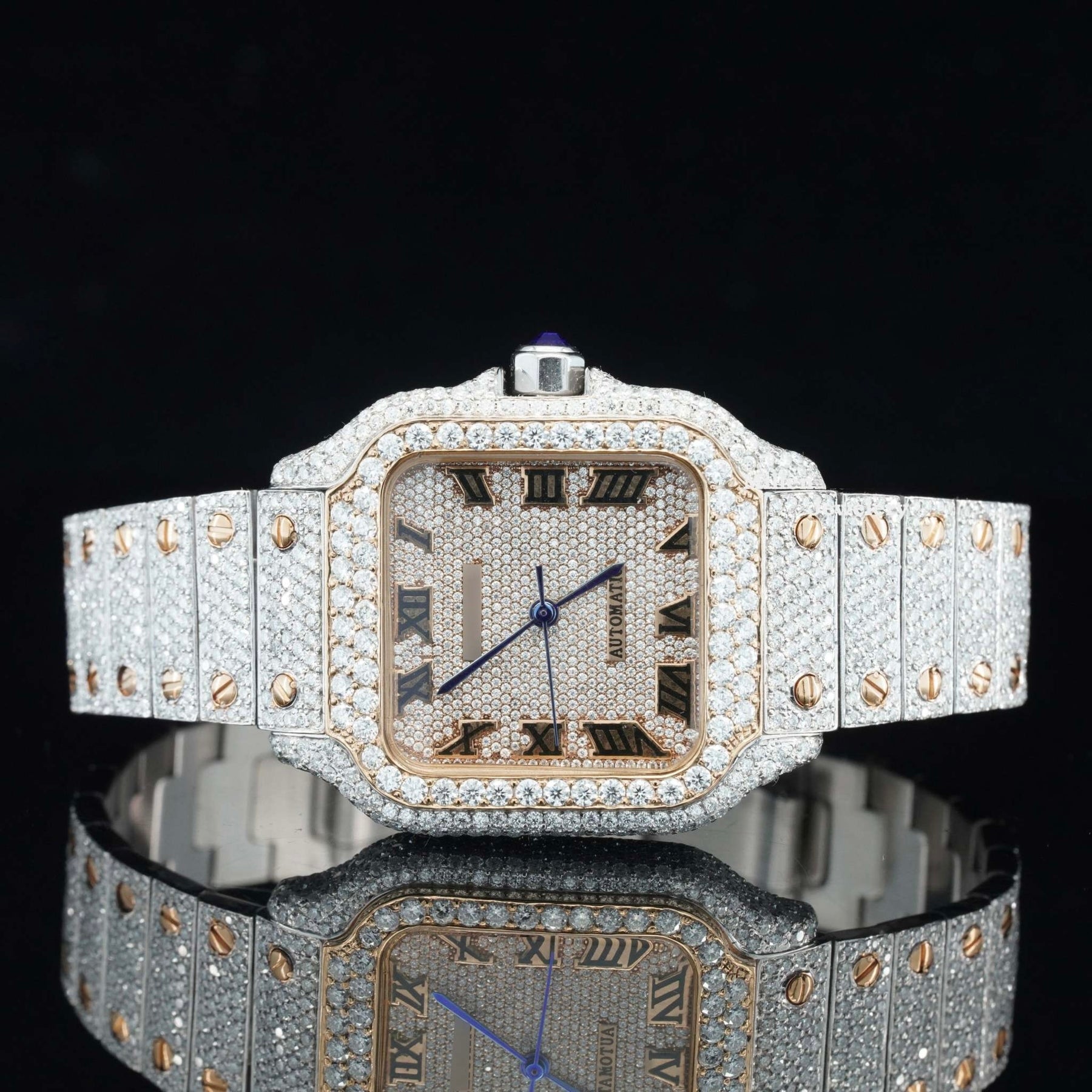 Vintage Style Fully Iced Out Diamond Moissanite Automatic Wrist Watch