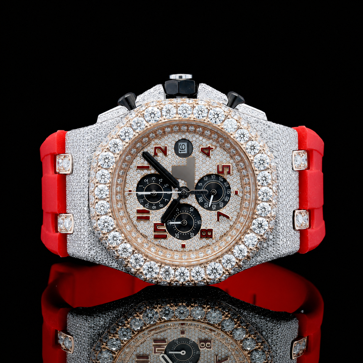 Red Rubber Strap Two-Tone Iced Out Dial Moissanite Watch - Rosse Gold