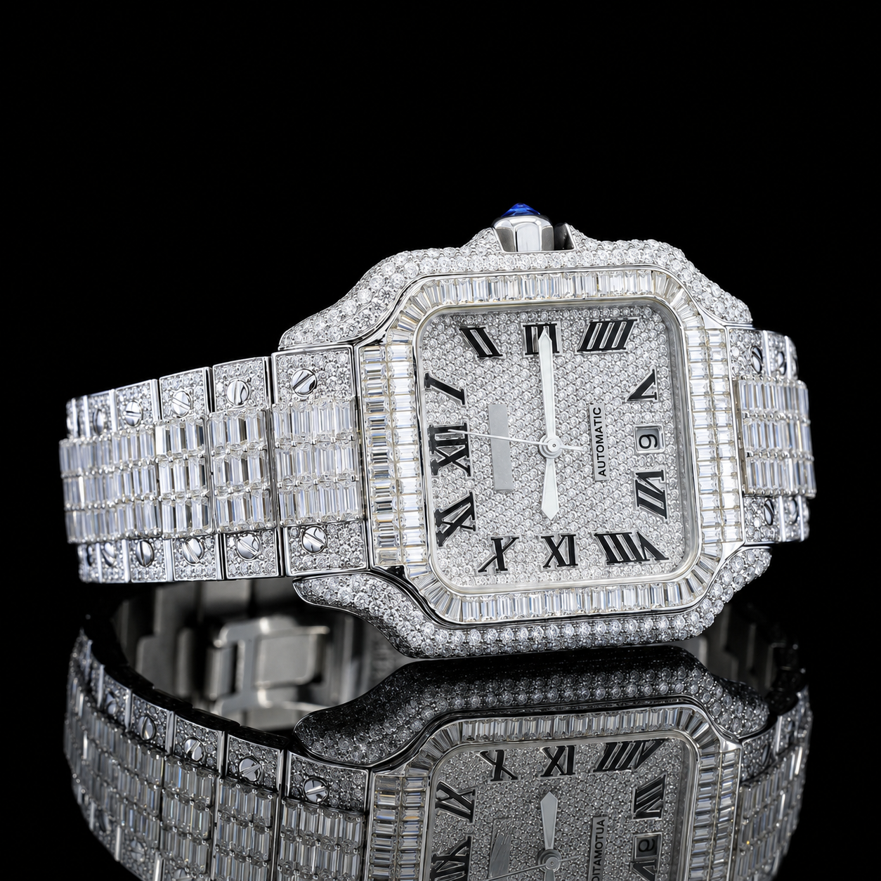 Square Dial Iced-out Baguette Moissanite Watch with Roman Numerals (2)