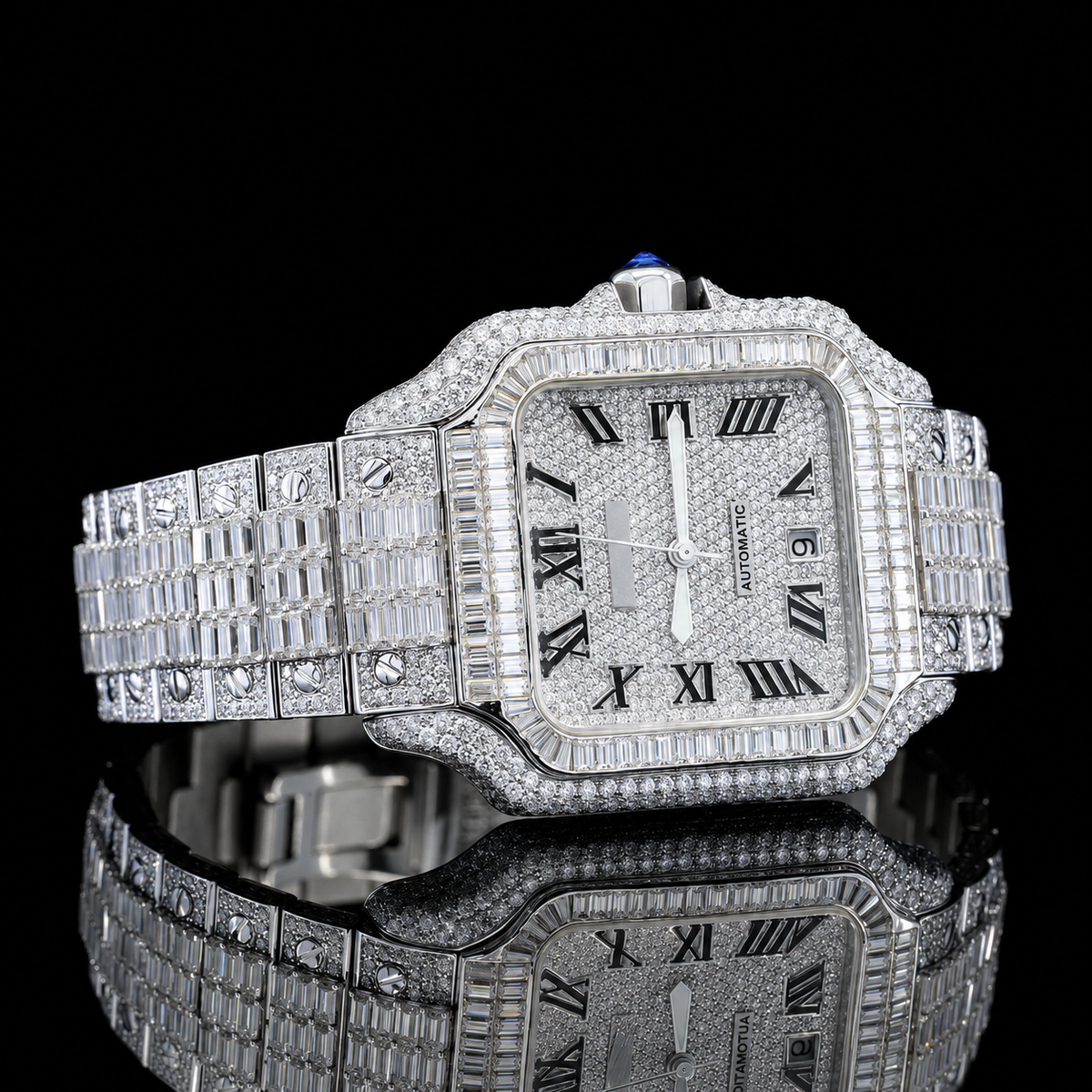 Square Dial Iced-out Baguette Moissanite Watch with Roman Numerals (2)