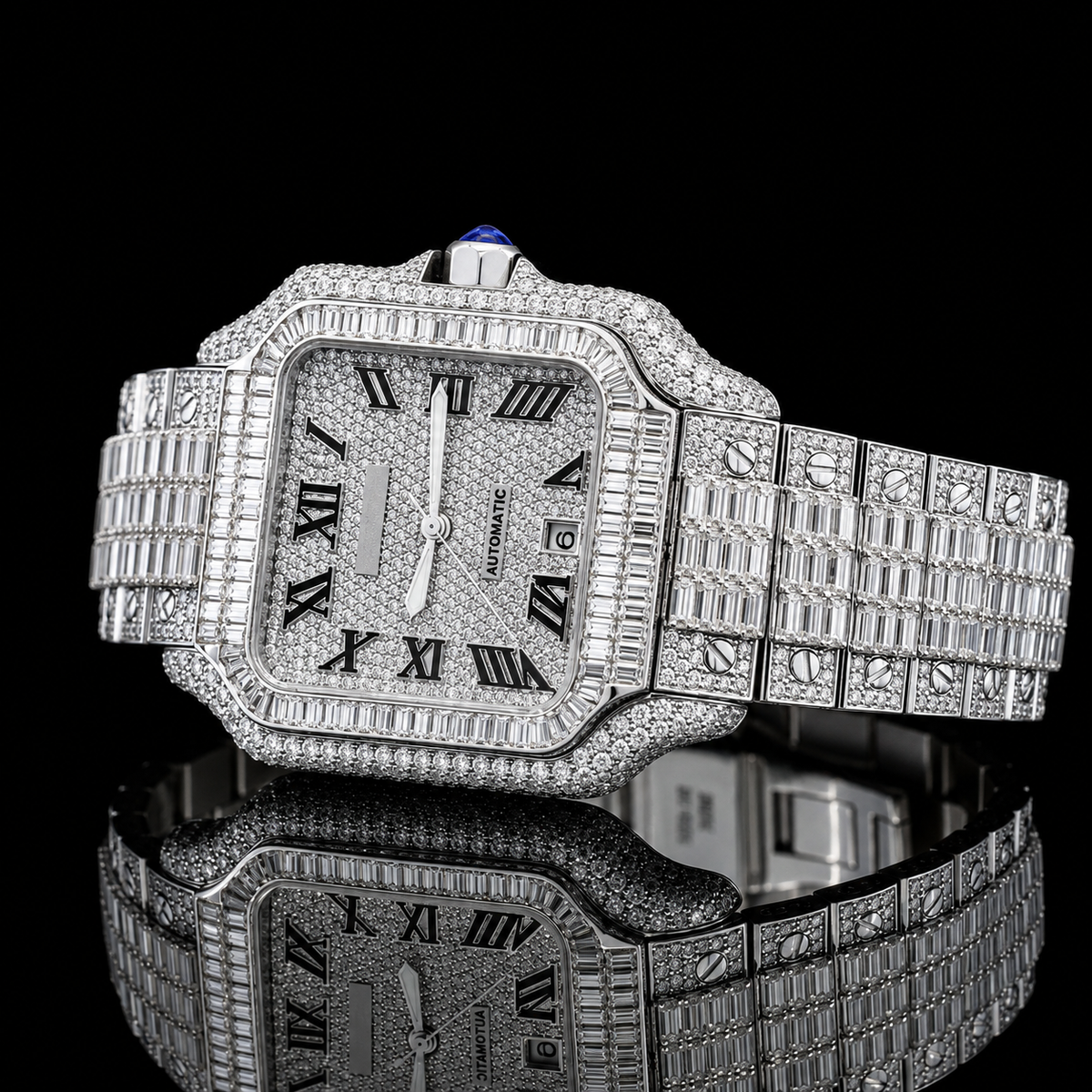 Square Dial Iced-out Baguette Moissanite Watch with Roman Numerals