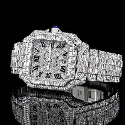 Square Dial Iced-out Baguette Moissanite Watch with Roman Numerals