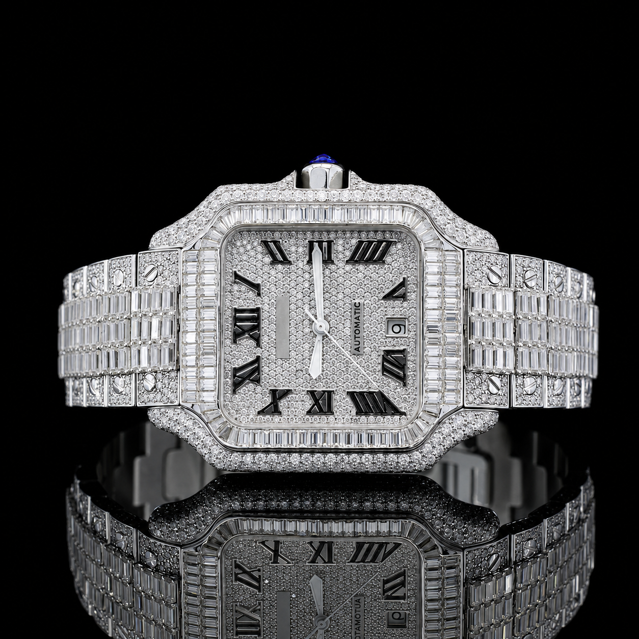 Square Dial Iced-out Baguette Moissanite Watch with Roman Numerals