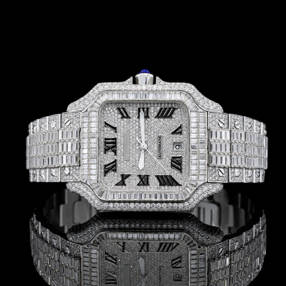 Square Dial Iced-out Baguette Moissanite Watch with Roman Numerals