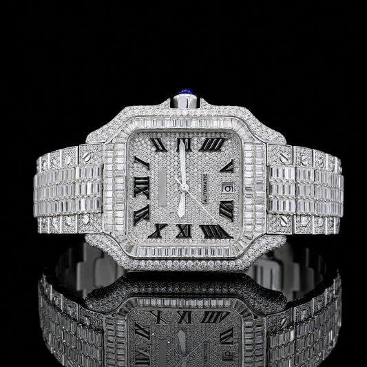 Square Dial Iced-out Baguette Moissanite Watch with Roman Numerals