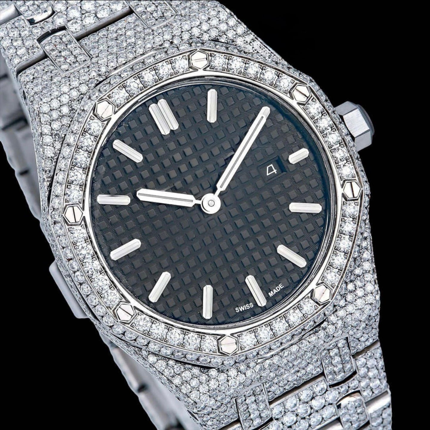 AP Black Dial Stick Markers Full Iced Out Moissanite Watch