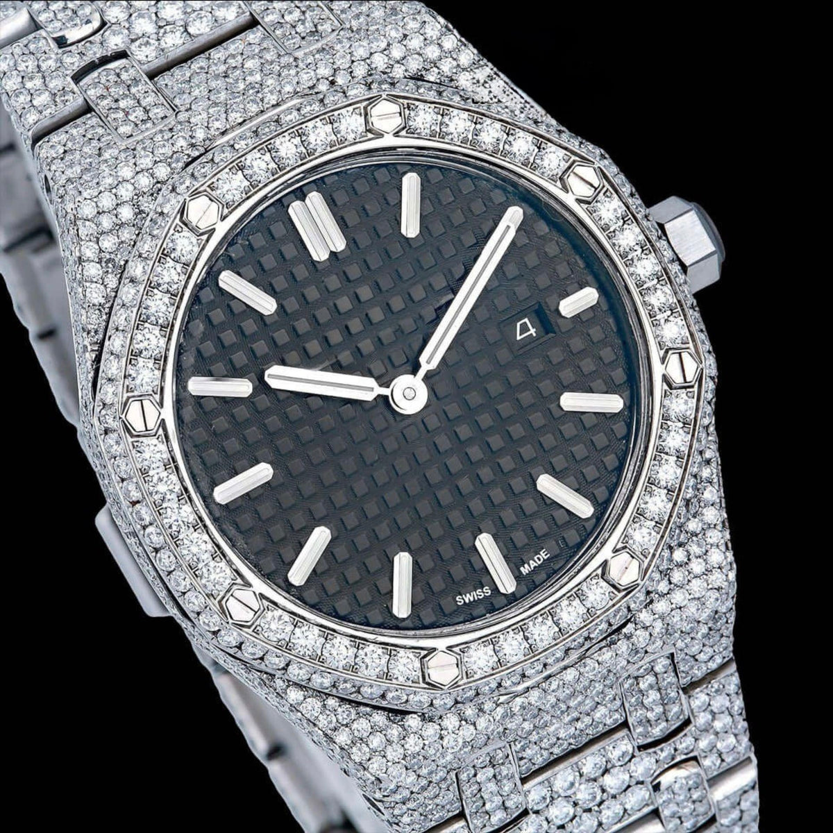 AP Black Dial Stick Markers Full Iced Out Moissanite Watch