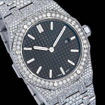 AP Black Dial Stick Markers Full Iced Out Moissanite Watch