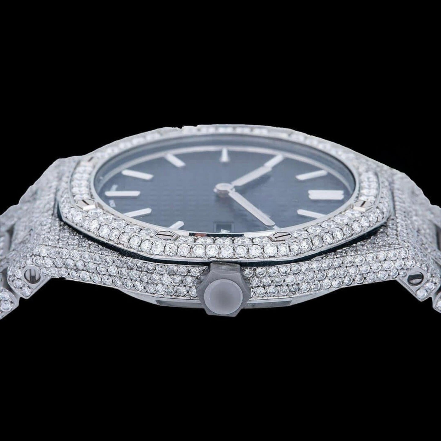 AP Black Dial Stick Markers Full Iced Out Moissanite Watch
