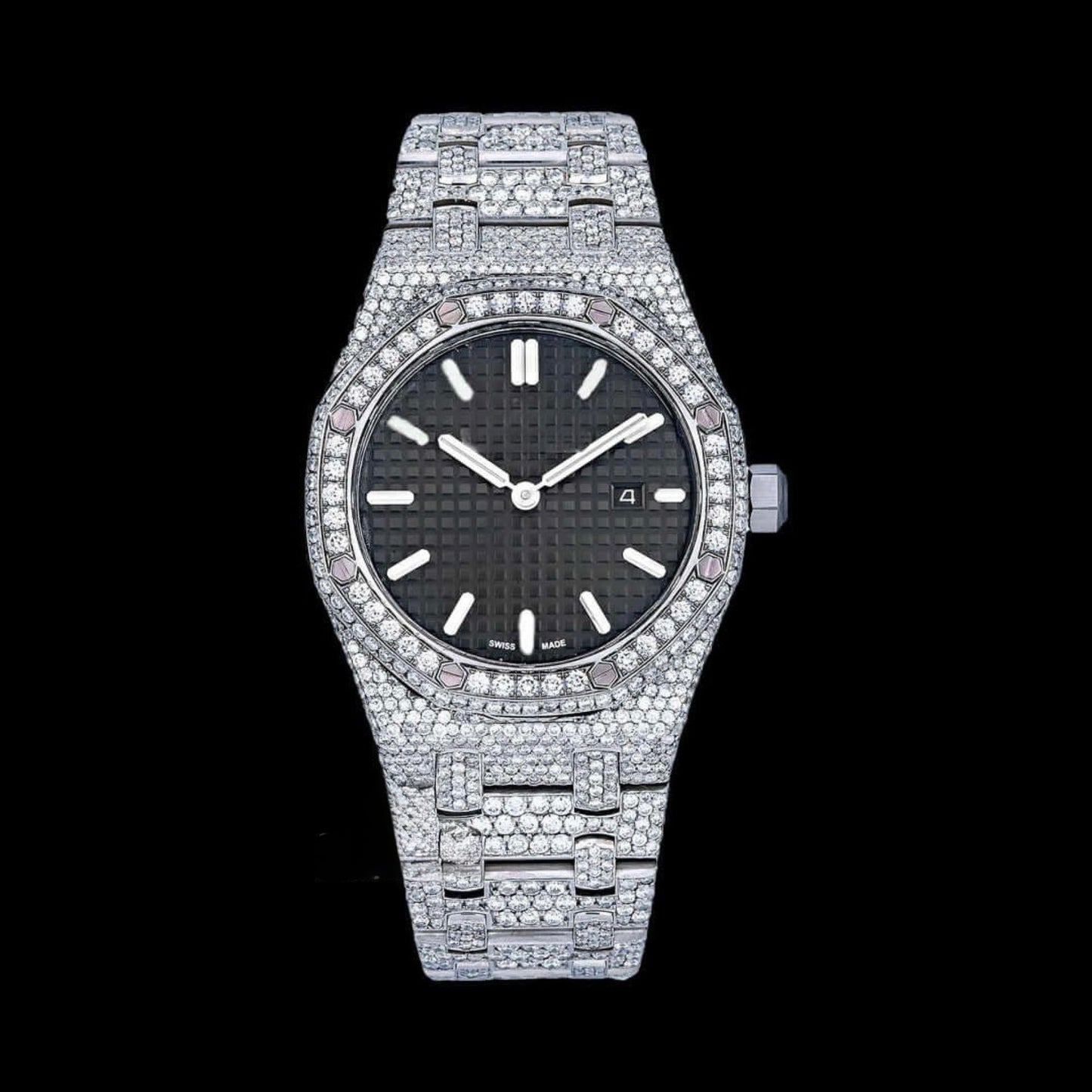 AP Black Dial Stick Markers Full Iced Out Moissanite Watch