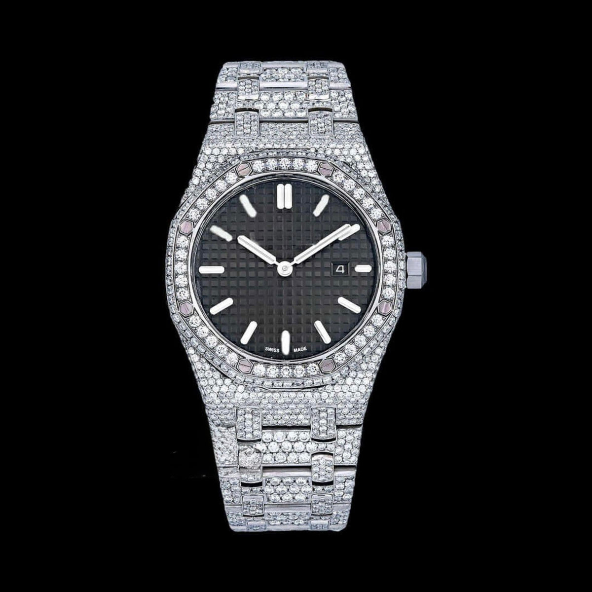 AP Black Dial Stick Markers Full Iced Out Moissanite Watch