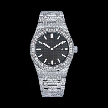 AP Black Dial Stick Markers Full Iced Out Moissanite Watch