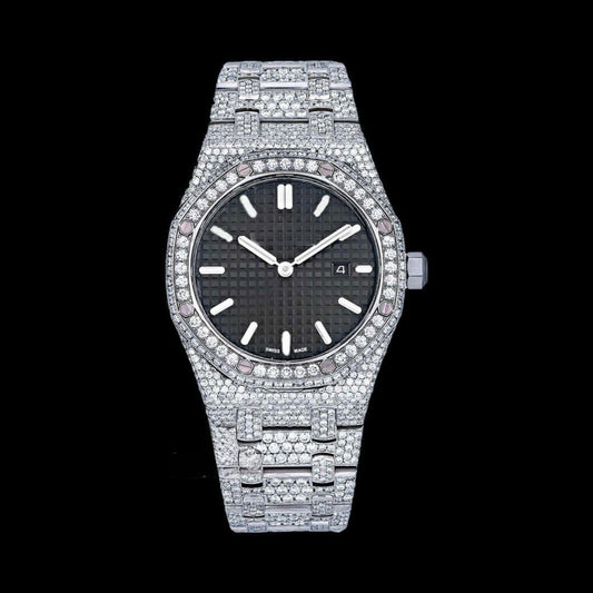 AP Black Dial Stick Markers Full Iced Out Moissanite Watch