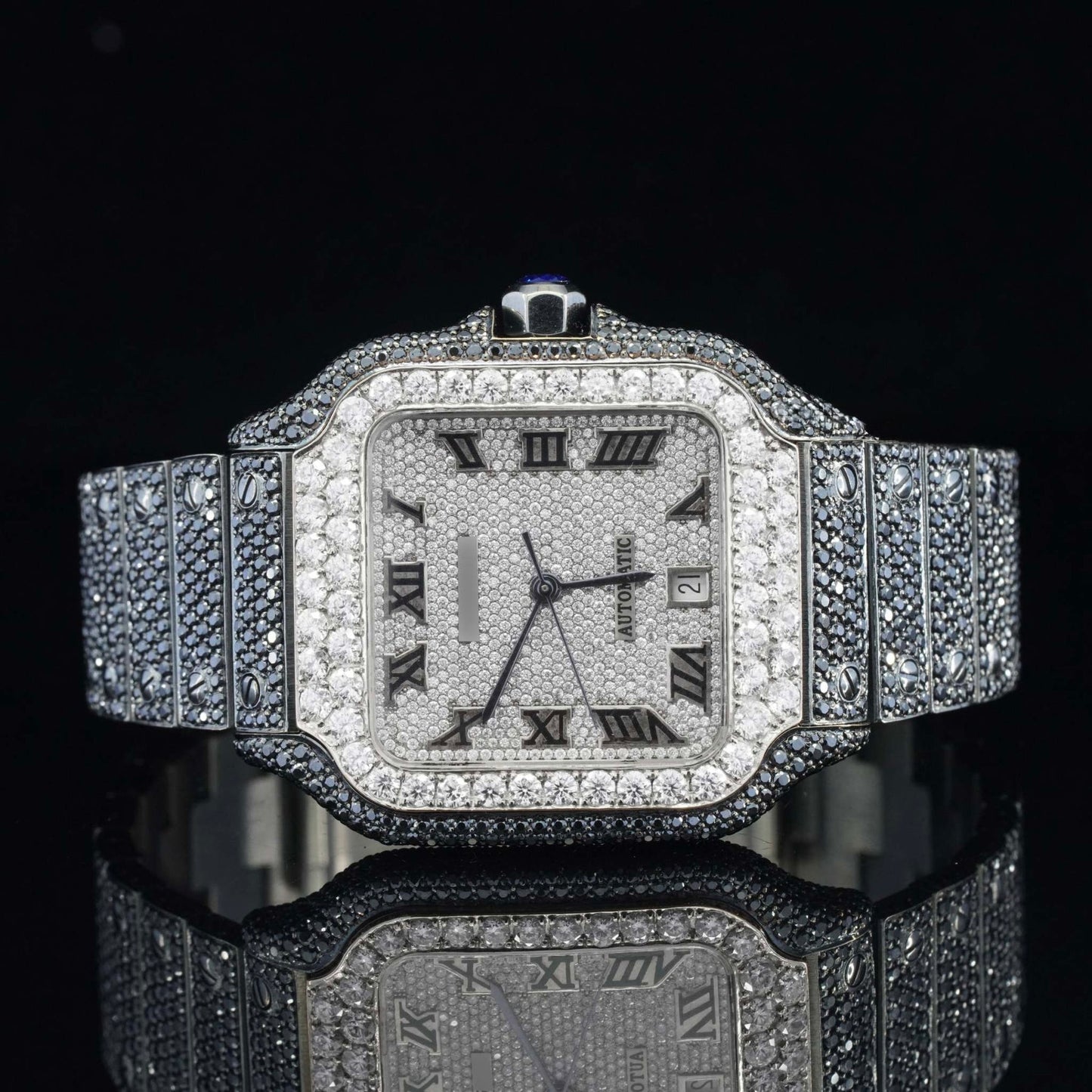 Jet Black Fantastic Fully Iced Out Moissanite Automatic Watch