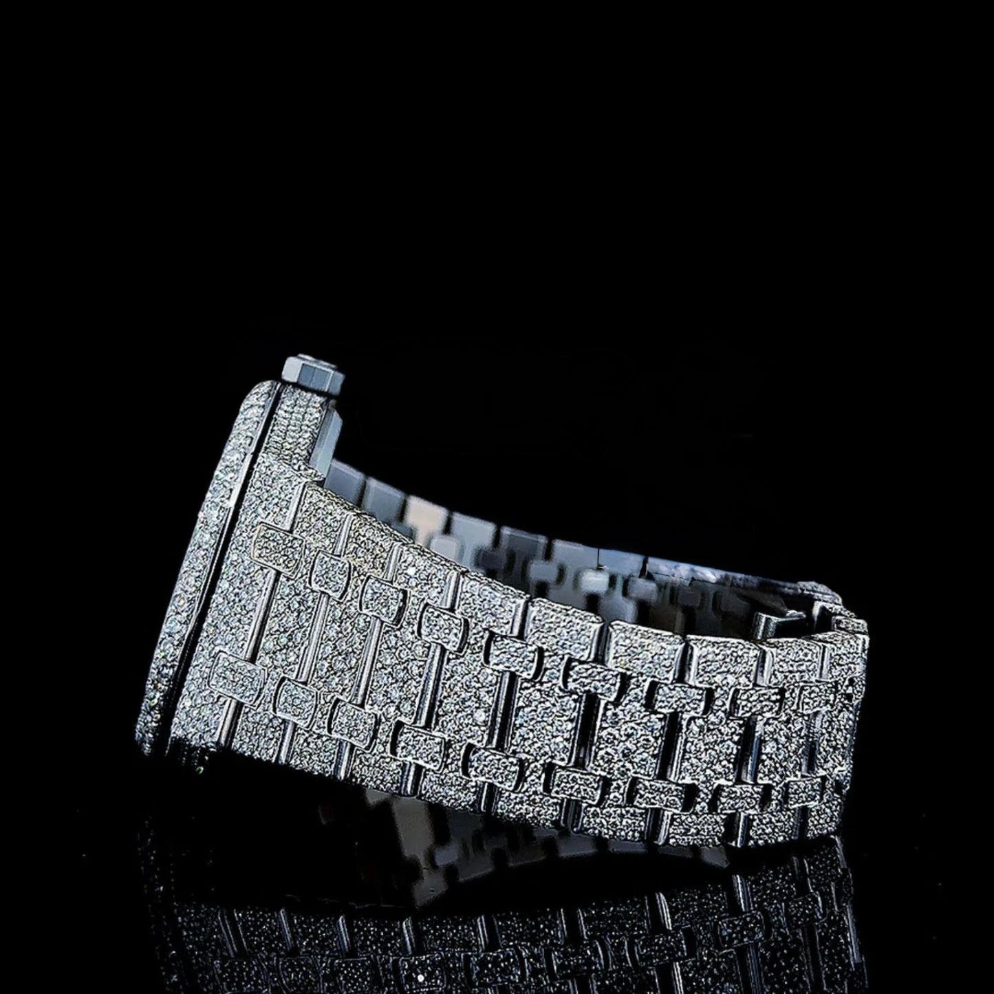White Dial AP Black Stick Markers Fully Iced Out Moissanite Watch