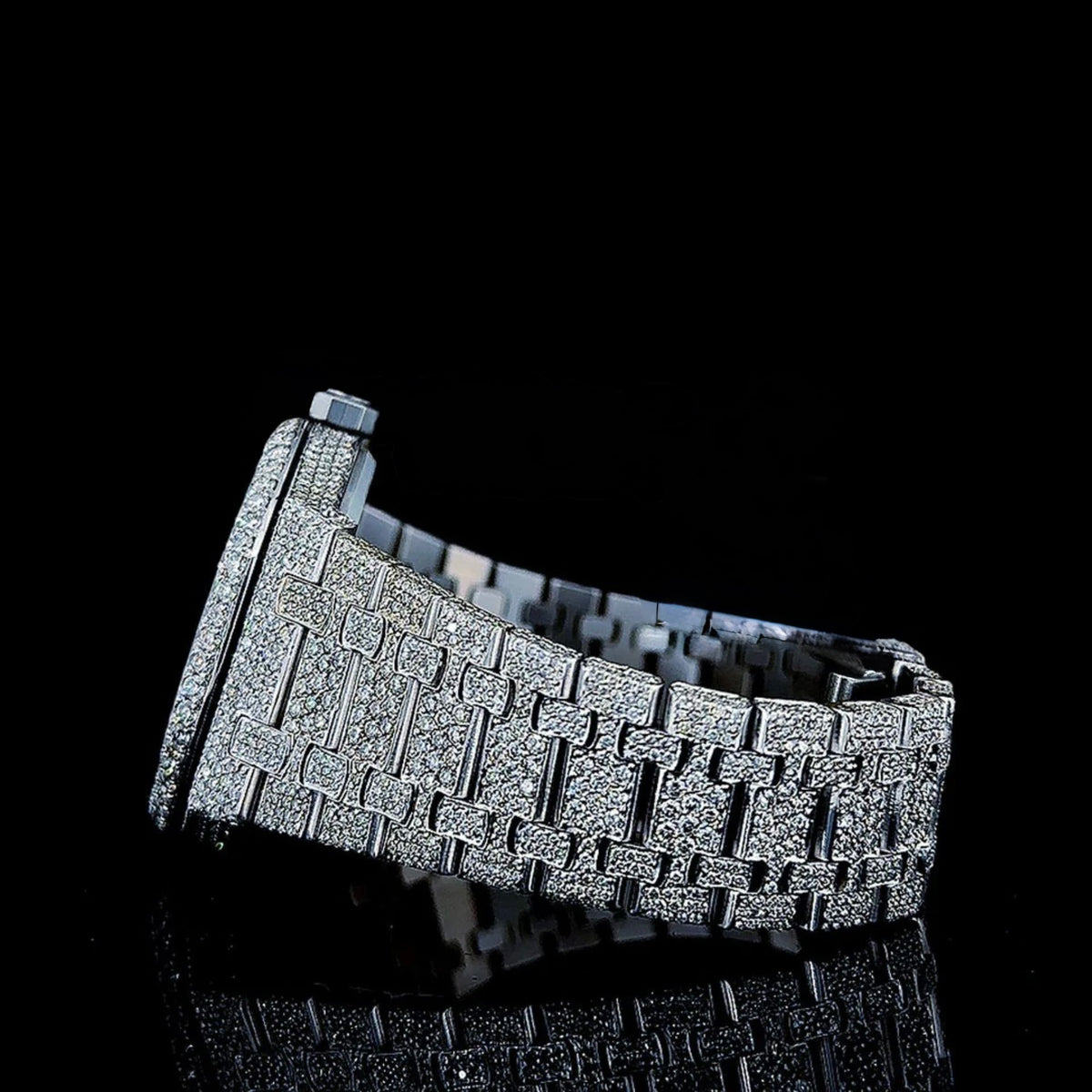 White Dial AP Black Stick Markers Fully Iced Out Moissanite Watch