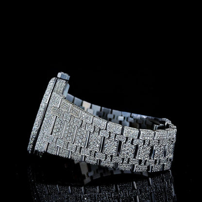 White Dial AP Black Stick Markers Fully Iced Out Moissanite Watch
